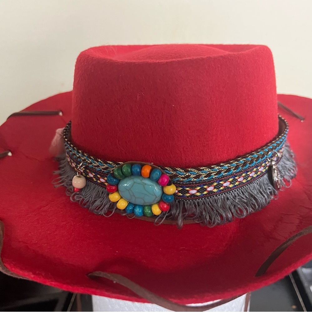Vibrant Red Fedora with Intricate Beaded Hatband
